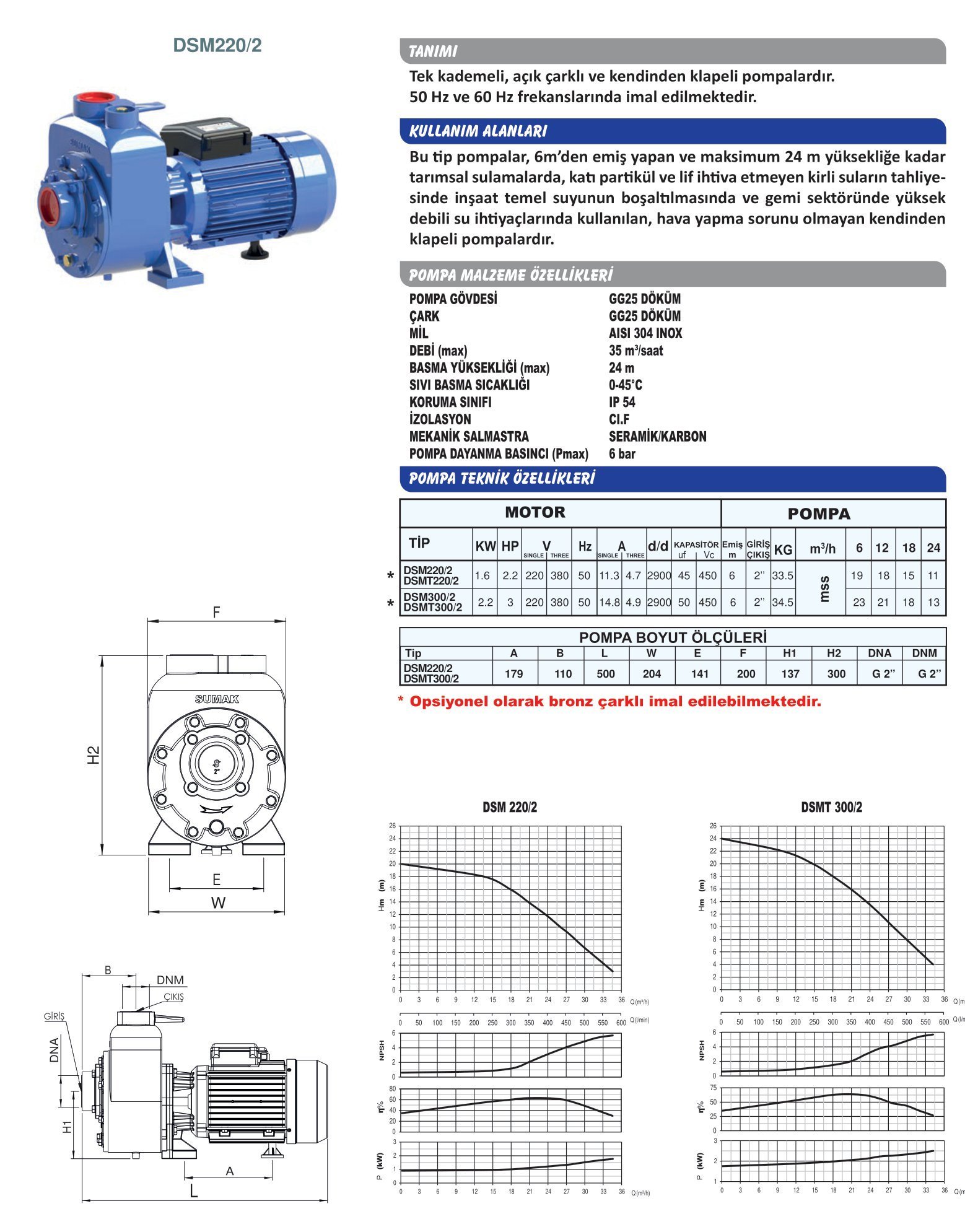 SUMAK DSM 300/2 KENDİNDEN KLEPELİ POMPA