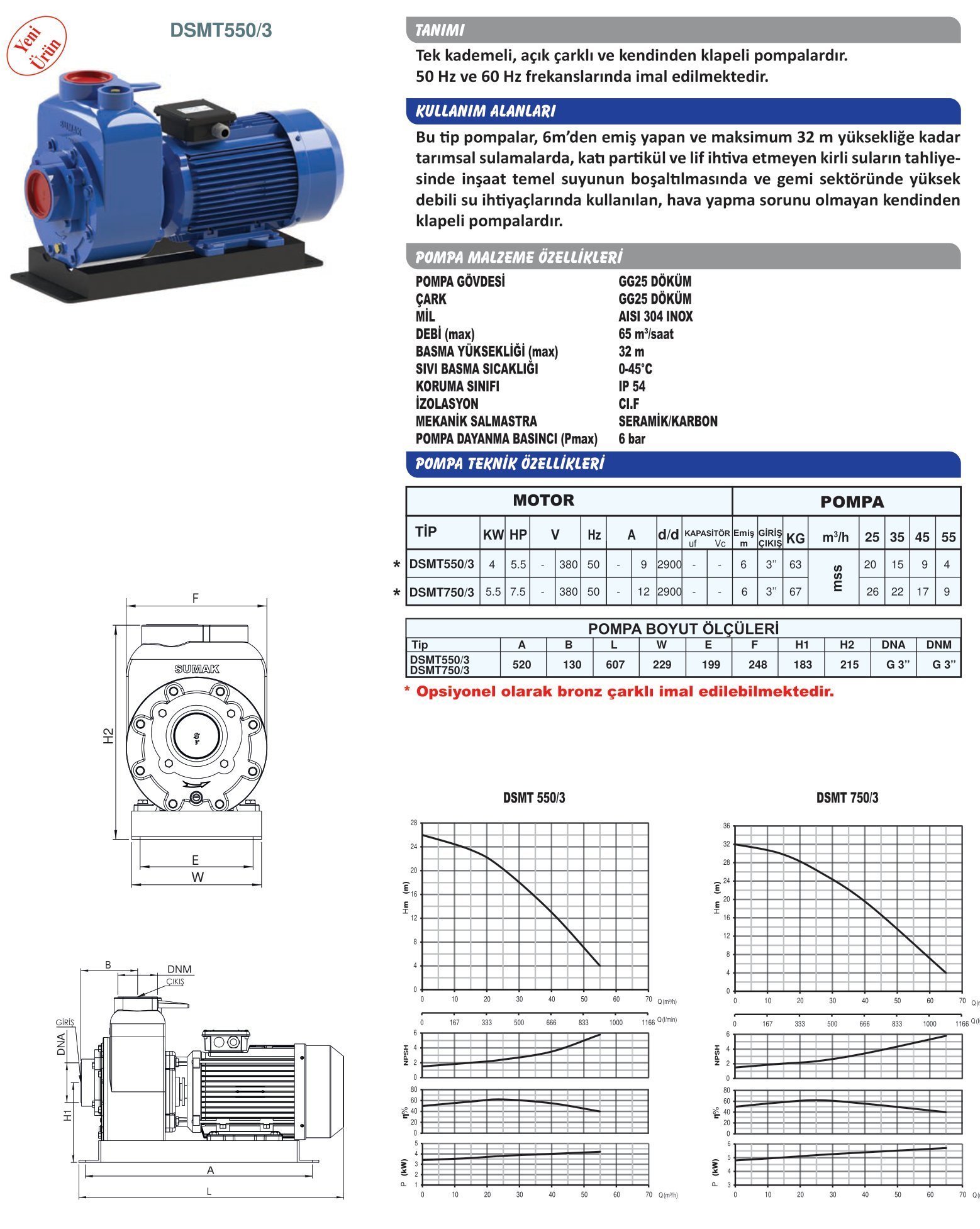 SUMAK DSMT 550/3 KENDİNDEN KLEPELİ POMPA