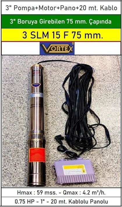 VORTEX 3 SLM 90mm Boruya Girebilen  Kuyu Pompası Seti (3''/75mm Çaplı Kuyu Pompası)