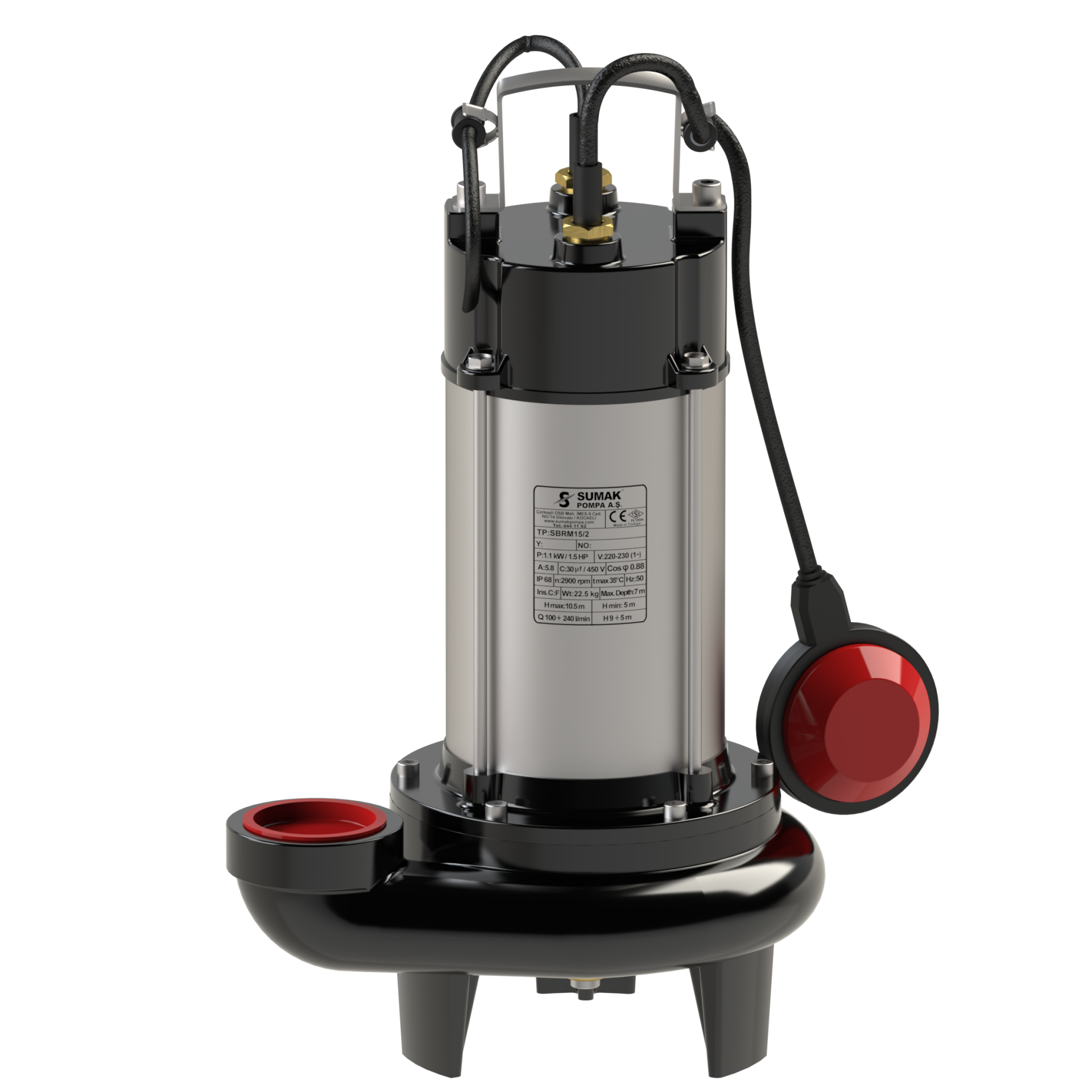 SUMAK SBRM 15/2 Paslanmaz Gövdeli Bıçaklı Foseptik Dalgıç Pompa (Monofaze - 1.5 HP)