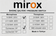 MİROX Monofaze 1-6 Tahliyesiz Basınç Şalteri 1/4'' Bağlantı