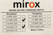 MİROX Monofaze 2-11 Bar Tahliyesiz Basınç Şalteri 1/4'' Bağlantı