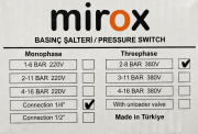 MİROX Trifaze 2-8 Tahliyesiz Basınç Şalteri 1/4'' Bağlantı