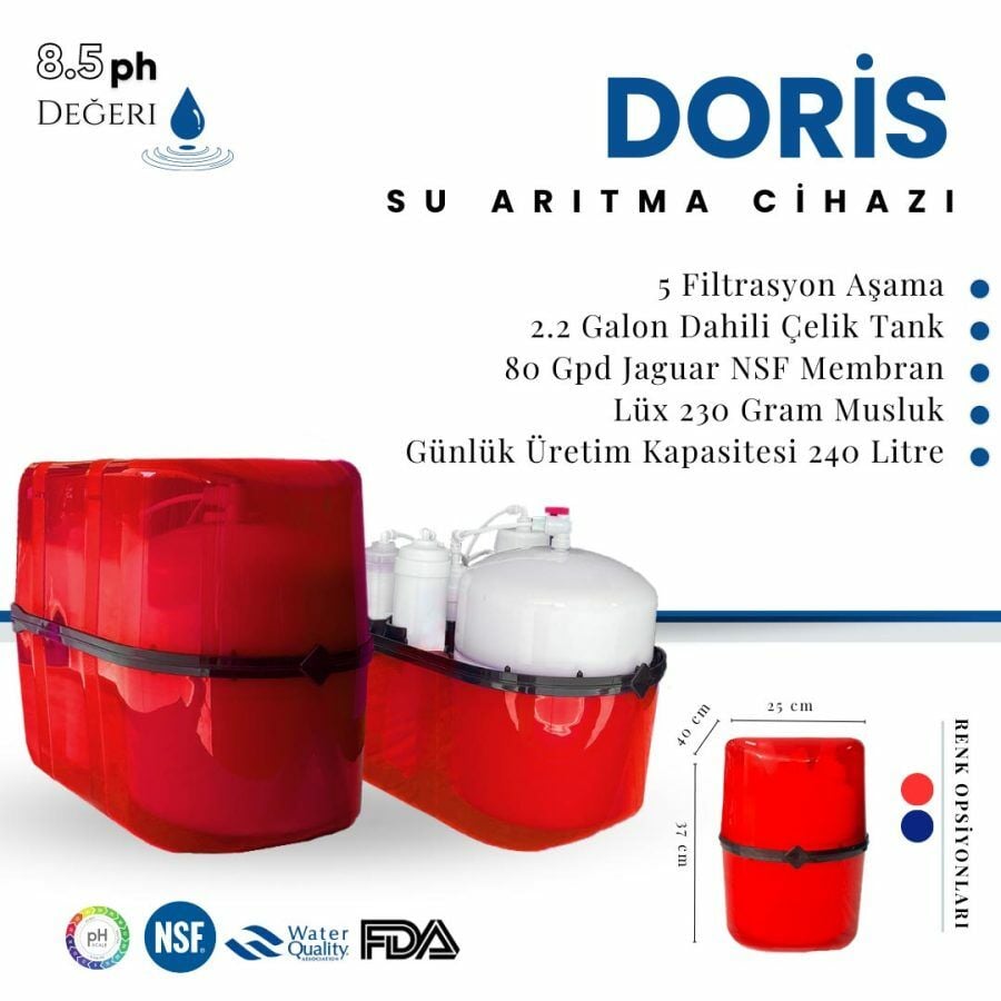 PRADA DORİSS 8 Litre Ev Tipi Tezgah Altı Su Arıtma Cihazı (Kırmızı)