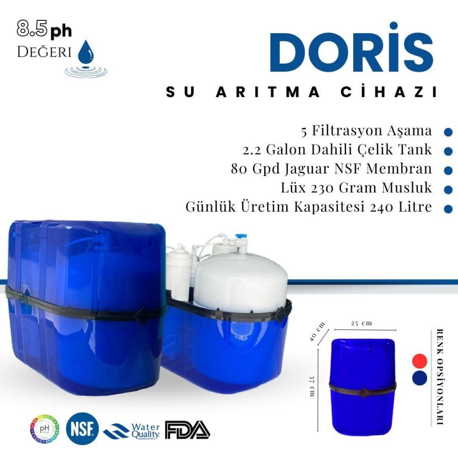PRADA DORİS Pompalı 8 Litre Ev Tipi Tezgah Altı Su Arıtma Cihazı (Mavi)