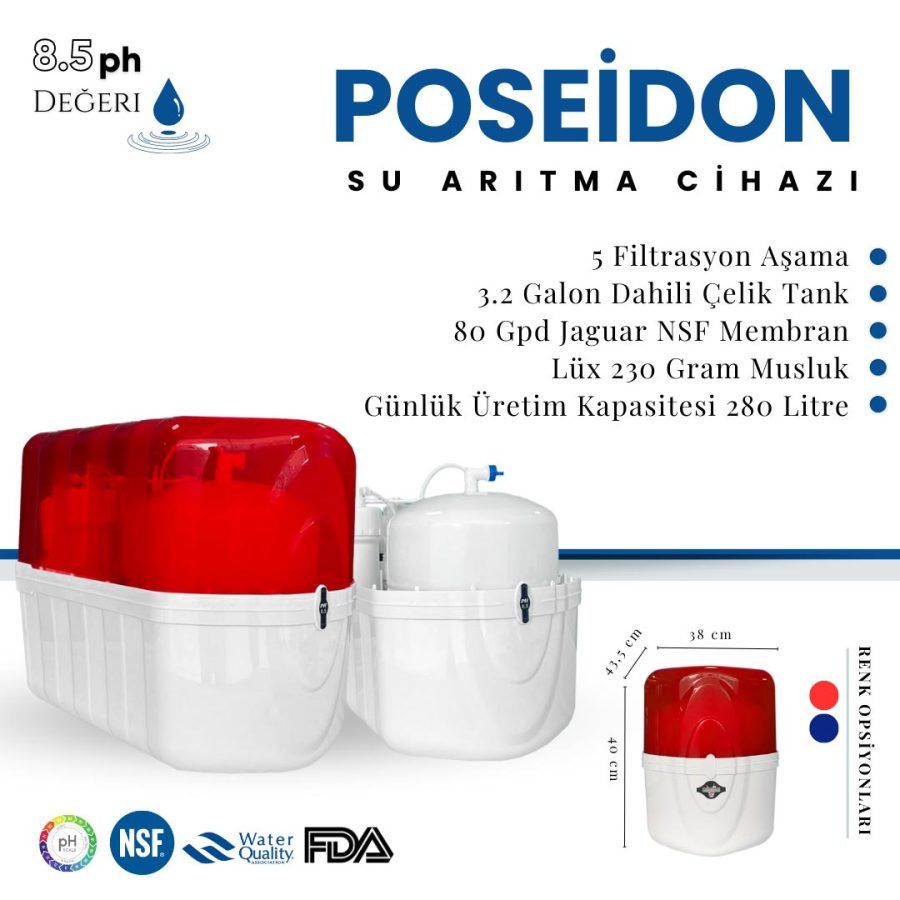 PRADA POSEİDON Pompalı 12 Litre Ev Tipi Tezgah Altı Su Arıtma Cihazı (Kırmızı)