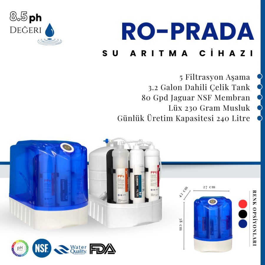 PRADA JUNİOR Pompalı 8 Litre Ev Tipi Tezgah Altı Su Arıtma Cihazı (Mavi)