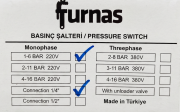 FURNAS Monofaze 1-6 Tahliyesiz Basınç Şalteri 1/4'' Bağlantı