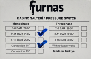FURNAS Monofaze 2-11 Bar Tahliyesiz Basınç Şalteri 1/4'' Bağlantı
