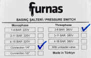 FURNAS Trifaze 2-8 Tahliyesiz Basınç Şalteri 1/4'' Bağlantı