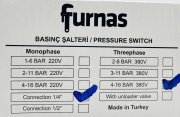 FURNAS Trifaze 4-16 Bar Tahliyesiz Basınç Şalteri 1/4'' Bağlantı