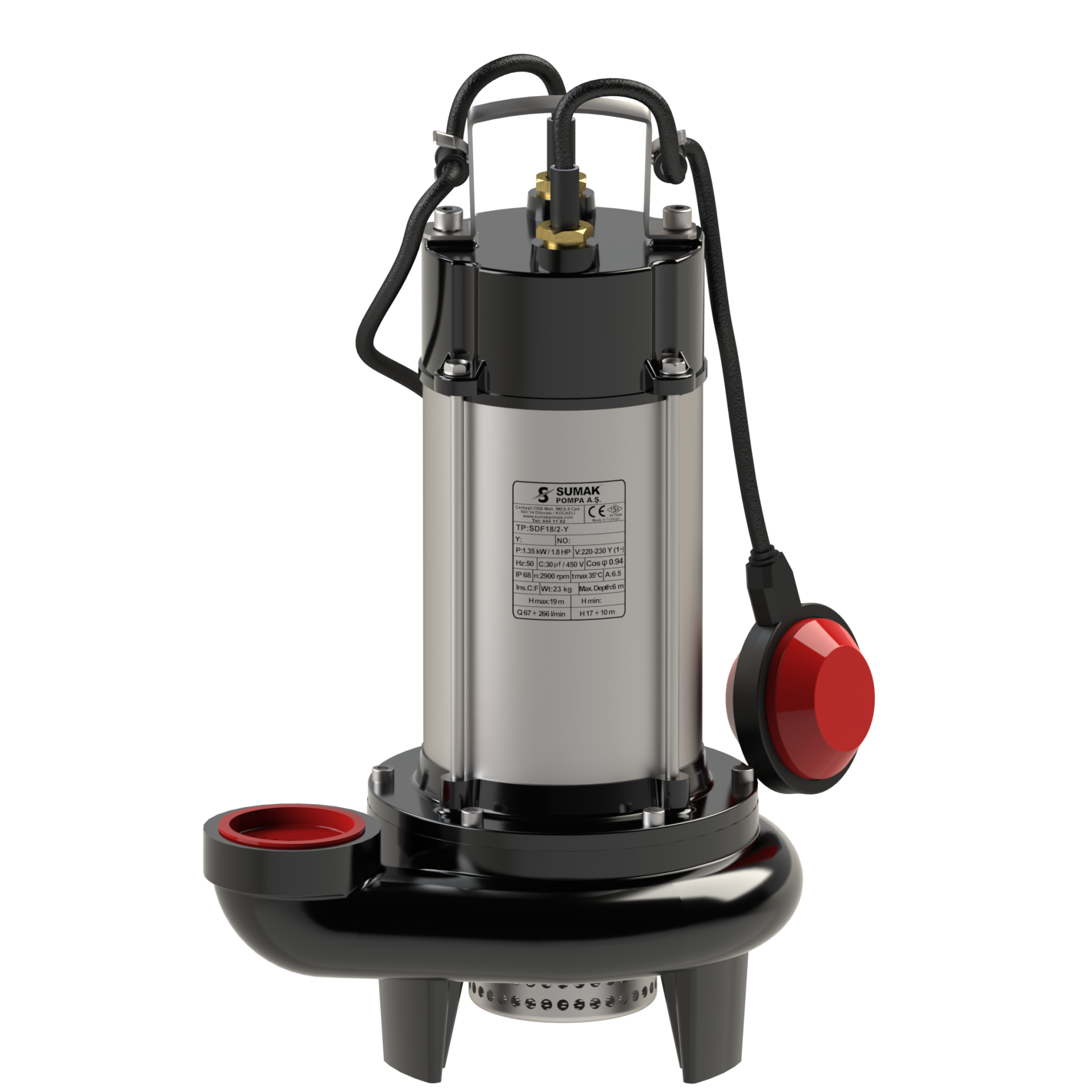 SUMAK SDF 18/2 Y Paslanmaz Gövdeli Atık Su Dalgıç Pompası (Monofaze) (1,8 HP)