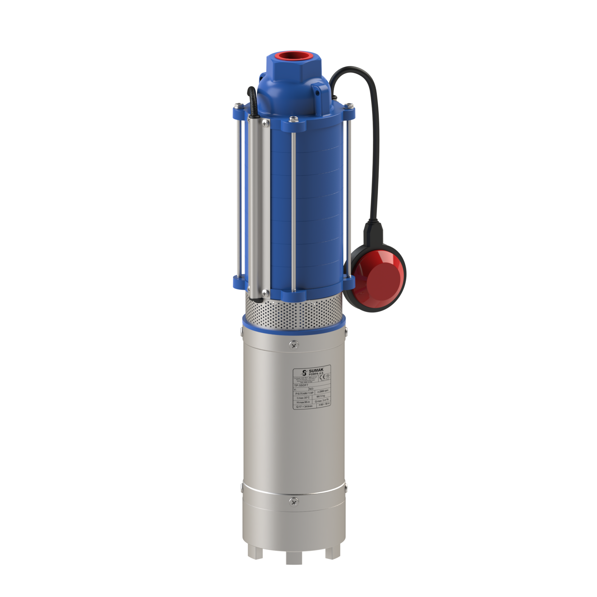 SUMAK 5SDF7  Kademeli 5'' Akuple Keson Kuyu Dalgıç Pompa (1.5 HP - Monofaze)