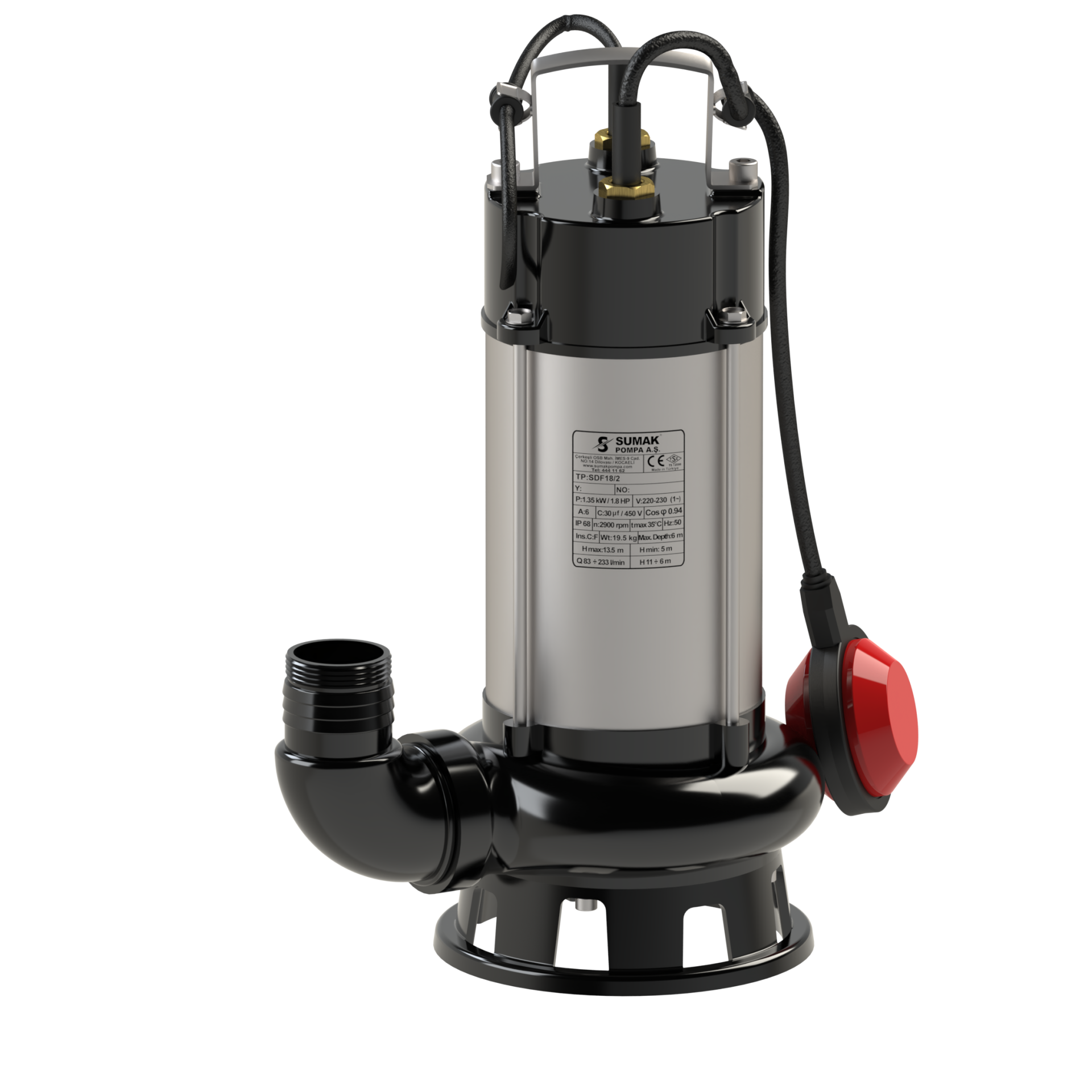 SUMAK SDF10/2 Paslanmaz Gövdeli Foseptik Dalgıç Pompa (Monofaze) (1 Hp)