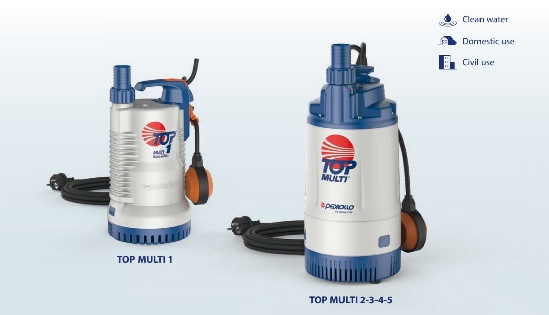 PEDROLLO TOP MULTI 1 Plastik Dalgıç Drenaj Pompası,  0.50 Hp , 27 Mss , 4,2 m3/h , 1,3mm partikül çapı , 5mt kablo